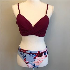 plum and floral wrap bikini